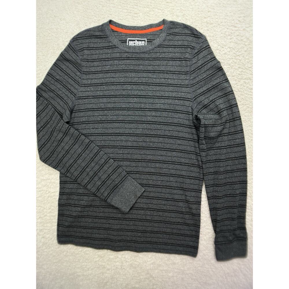 Urban Pipeline Mens Long Sleeve Crewneck Sweater Sz L Black Striped Pullover EUC